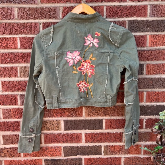 Ashley Khaki Olive Green Distressed Hem Cropped Pink Floral Embroidered Jacket - Picture 2 of 4